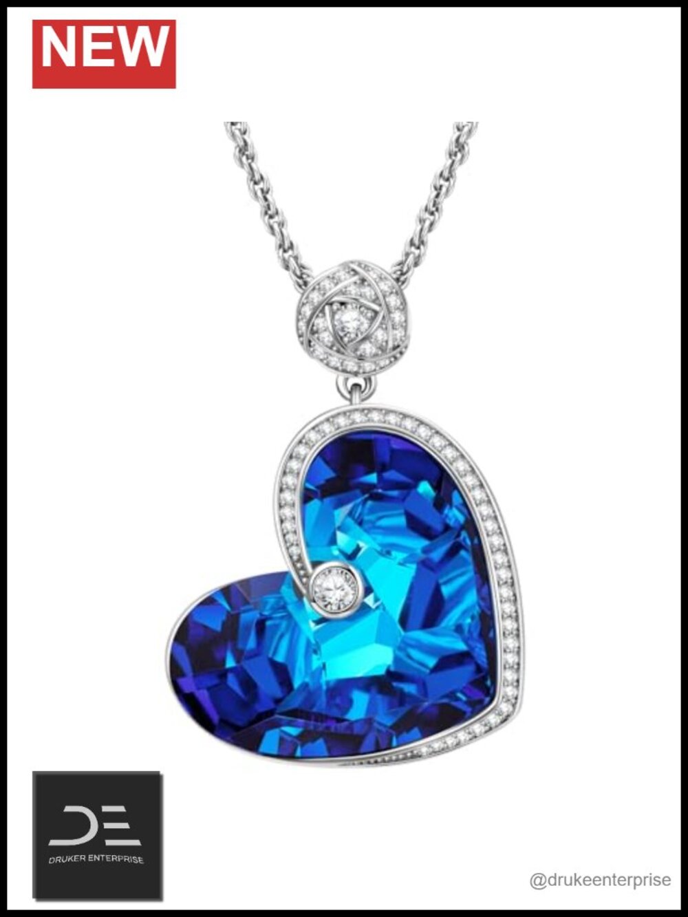 Swarovski Crystal Rose Accent Sapphire Heart Pendant Necklace 18" White Gold